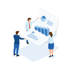 Poster - Isometric business man and woman holding paper sheet with graph and chart. Planning concept.