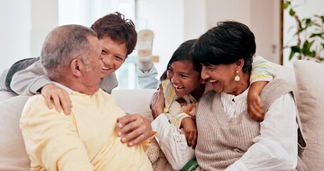 Wall Mural - Family, grandparents and children playing happy together on the sofa in a living room of their home for visit. Portrait of a senior man and women with kids on a couch with a smile, love and care