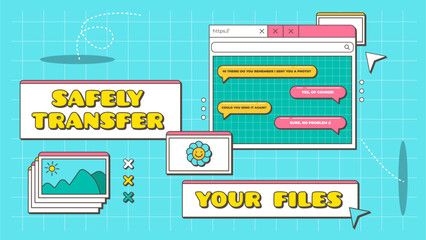 Poster - Retro Typography Slide with Safely Transfer Your Files Text. UI Window Elements that show you how easily you can send your files from one user to another. 