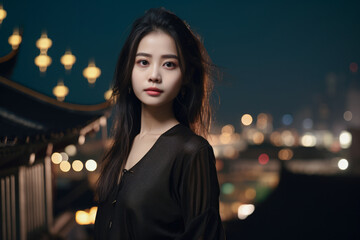 Wall Mural - Portrait of an elegant Asian young woman with a cityscape background