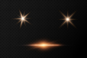set of realistic vector gold stars png. set of vector suns png. golden flares with highlights.