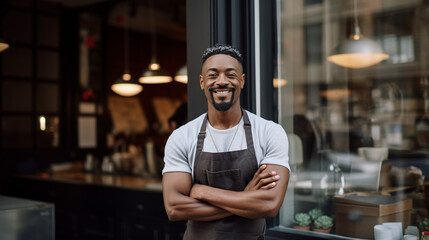 Wall Mural - Cheerful African-American barista wearing an apron and standing at the entrance of his cafe - Generative AI