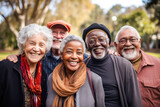 Fototapeta Londyn - Group of happy diverse seniors in an urban park environment, embracing outdoors, showcasing diversity and friendship.