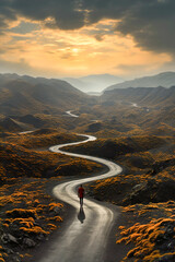 A person walking down a winding road with curves in the middle of a mountain.