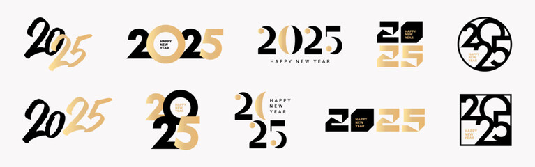 Aufkleber - Big Set of 2025 Happy New Year logo text design. 2025 number design template. Collection of 2025 Happy New Year symbols. Vector illustration with black and gold labels isolated on white background.