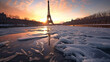 A breathtaking view of the Eiffel Tower, completely encased in a thick layer of ice - Generative AI