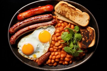 english breakfast with fried eggs bacon sausages beans toasts on dark background. Generative AI