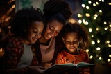 Fototapeta  - Discover the warmth of family love and Christmas cheer with this enchanting portrait of a mother and daughters lost in a magical tale.