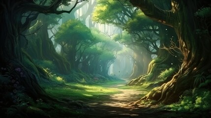 An enchanting elven forest shrouded in mystic fog