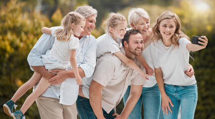 Wall Mural - Selfie of big family in park together with smile, grandparents and parents with kids in backyard. Photography, happiness and men, women and children in garden with love, support and outdoor bonding.