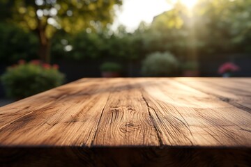 Wall Mural - Empty wooden table with a blurred garden background in the warm light of sunset.