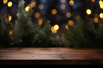 Wall Mural - Wooden table with blurred lights and greenery in the background, ideal for product display.