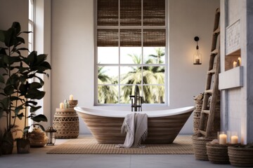 Wall Mural - sleek beige boho design, Scandinavian bathroom with natural lighting, vanity, and freestanding tub.