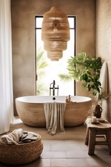 Wall Mural - stylish Interior Of Light Bathing Room With Rustic Decorations In Boho Style, Cozy Spacious Bathroom With Natural Green Plants