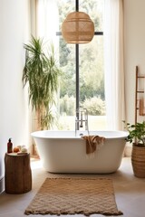 Wall Mural - stylish Interior Of Light Bathing Room With Rustic Decorations In Boho Style, Cozy Spacious Bathroom With Natural Green Plants