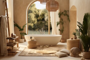 Wall Mural - Interior design, boho details of Scandinavian bathroom. Designer bathroom with wooden details and rattan