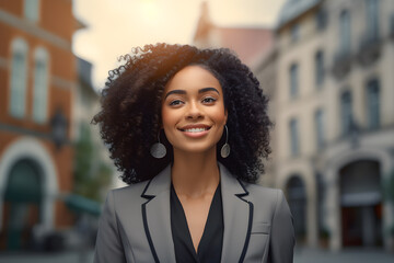 Wall Mural - Portrait of young business woman African American happy smiling  in the city