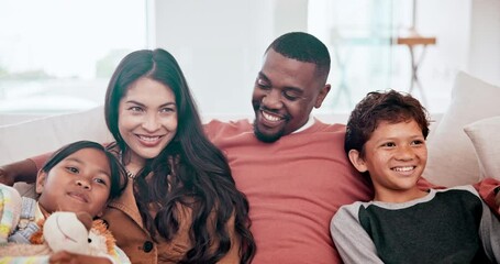 Wall Mural - Woman, father and children or happy on sofa for family development, bonding or relax holiday peace. Interracial, son and daughter hug on couch or youth safety for parent trust, vacation or weekend