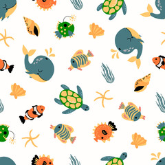 Wall Mural - Seamless pattern with sea animals. Whale, turtle, fish, lantern fish.