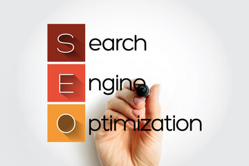 Poster - seo search engine optimization acronym - process of improving the quality and quantity of website tr