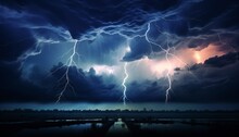 Nighttime Tornado Storm: Mezocyclone Lightning Bolt Electrifies The Ground, Illuminating The Field.