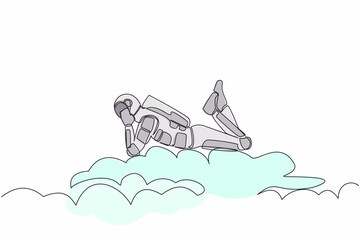 Poster - Single one line drawing young astronaut lay on clouds. Relaxes and resting after spaceship interstellar expedition. Cosmic galaxy space concept. Continuous line draw graphic design vector illustration