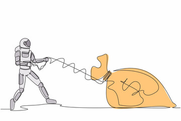 Poster - Single continuous line drawing of astronaut struggling to pull heavy money bag in moon surface. Need lot of money to launch rocket spaceship. Cosmonaut deep space. One line design vector illustration