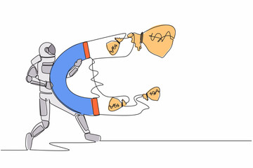Poster - Continuous one line drawing of astronaut using big magnet to attract many money bag. Funding for future spaceship technology development. Cosmonaut outer space. Single line design vector illustration