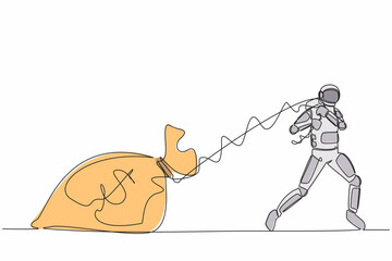 Poster - Single continuous line drawing astronaut pulling heavy money bag in moon surface. Big responsibility for funding space shuttle project. Cosmonaut deep space. One line draw design vector illustration