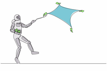 Poster - Single one line drawing astronaut throw out of money banknotes flying into the air. Waste in realization of space expedition projects. Cosmic galaxy space. Continuous line design vector illustration