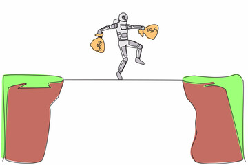 Poster - Single continuous line drawing astronaut walk over cliff gap mountain carry two money bag. Risking and dangerous in space expedition. Cosmonaut deep space. One line graphic design vector illustration