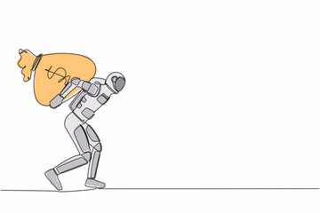 Poster - Single continuous line drawing young astronaut carrying heavy money bag on his back in moon surface. Get big profit from space industry. Cosmonaut deep space. One line draw design vector illustration