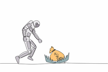 Poster - single continuous line drawing astronaut running to catch money bag from steel bear trap. challenge 