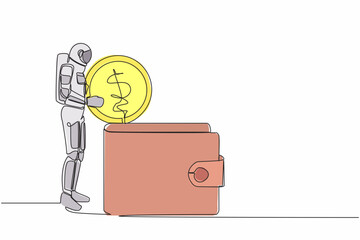 Poster - Single one line drawing of young astronaut putting dollar coin into big wallet. Saving money for space galactic expedition. Cosmic galaxy space. Continuous line draw graphic design vector illustration