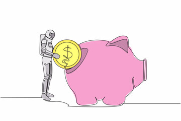 Poster - Single one line drawing young astronaut put dollar coin into piggy bank. Investing plan for space interstellar exploration. Cosmic galaxy space. Continuous line draw graphic design vector illustration