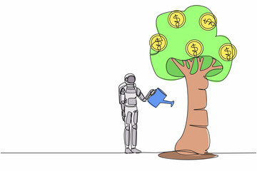 Poster - Continuous one line drawing astronaut watering money tree with coin dollar symbol. Profit growth in galactic spaceship industry. Cosmonaut outer space. Single line graphic design vector illustration
