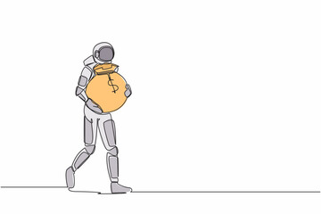 Poster - Single one line drawing of astronaut walking and carrying heavy money bag. Funding for future space technology development. Cosmic galaxy space. Continuous line draw graphic design vector illustration