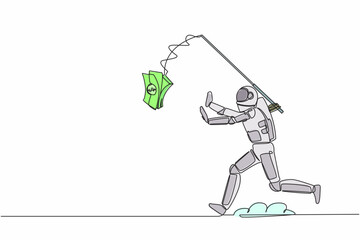 Poster - Continuous one line drawing astronaut running chasing bait of banknote from himself. Greedy of collecting money in space industry. Cosmonaut outer space. Single line graphic design vector illustration
