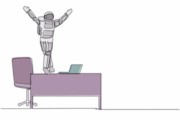 Poster - Continuous one line drawing happy young astronaut dancing on working desk and celebrating win spaceship competition. Cosmonaut outer space concept. Single line draw graphic design vector illustration