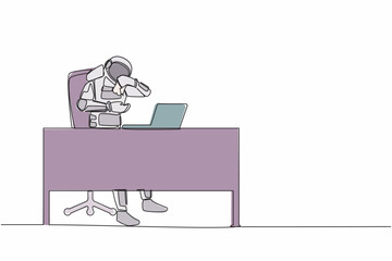 Poster - Single continuous line drawing astronaut crying while wiping tears using tissue at working desk. Failed in spaceship engineering. Cosmonaut deep space. One line draw graphic design vector illustration