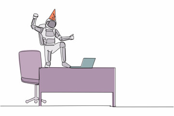 Poster - Continuous one line drawing astronaut stands in office desk with hand raised. Spaceman celebrate successful in spaceship journey. Cosmonaut outer space. Single line graphic design vector illustration