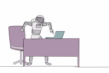 Poster - Continuous one line drawing of frustrated astronaut standing and shouting on laptop screen at working desk. Trouble in spaceship industry. Cosmonaut outer space. Single line design vector illustration