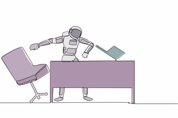 Poster - Single one line drawing of frustrated young astronaut angry and throwing laptop from working desk. Failed in spaceship company. Cosmic galaxy space. Continuous line graphic design vector illustration