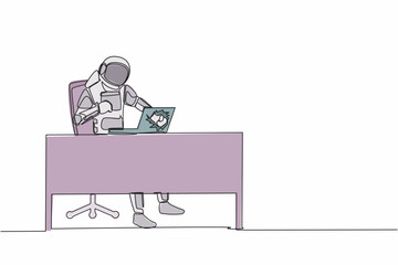 Aufkleber - single one line drawing of angry young astronaut breaks his laptop computer hitting it with clenched