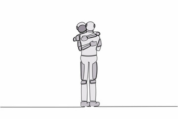 Poster - Continuous one line drawing two astronaut embracing each other closely feeling comfort. Father and son meeting after long parting. Cosmonaut outer space. Single line graphic design vector illustration