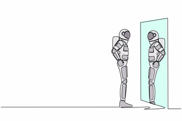 Poster - Single one line drawing astronaut looks himself in mirror. Spaceman looking at his reflection in mirror and evaluating spacesuit. Cosmic galaxy space. Continuous line draw design vector illustration