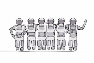 Poster - Single one line drawing group of astronaut are hugging. Happy friendship day with diverse friends of spaceman hugging together. Cosmic galaxy space. Continuous line graphic design vector illustration