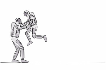 Poster - Continuous one line drawing loving astronaut father carrying his little spaceman son on raised hands. Dad and child playing together. Cosmonaut outer space. Single line draw design vector illustration