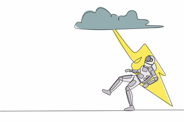 Poster - Single continuous line drawing young astronaut struck by lightning from dark cloud. Bad luck, misery, disaster in spacewalk discovery. Cosmonaut deep space. One line graphic design vector illustration
