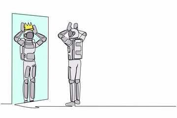 Poster - Single continuous line drawing young astronaut looking at mirror and seeing in reflection of himself with crown on his head. Cosmonaut deep space concept. One line graphic design vector illustration